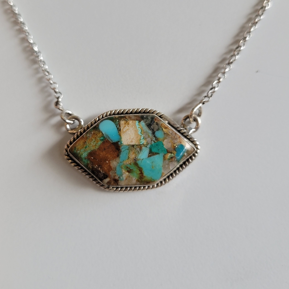Sterling Silver Mosaic Turquoise Necklace. Artisan Made • Stamped Sterling GGFY
